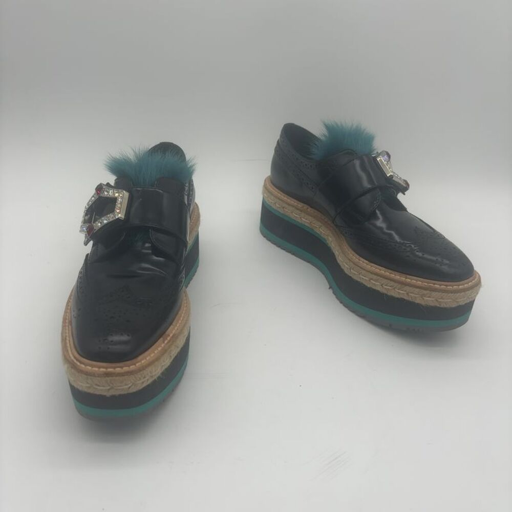 Prada Loafers with Blue Fur and Rhinestone Buckle